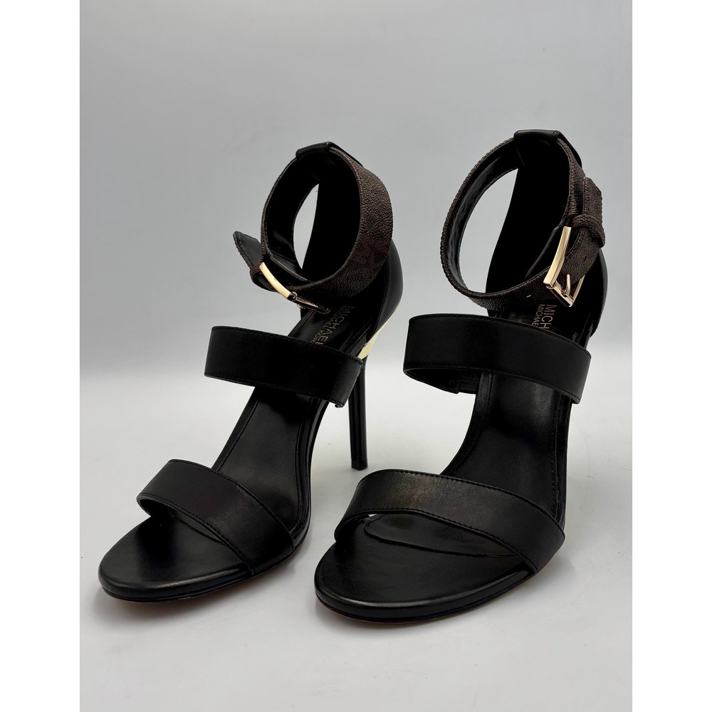 Michael Kors Women's Size 7 Black Leather Heeled Amal Sandal w/ Monogram Strap